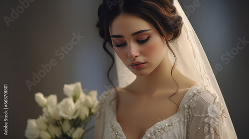 Sad bride in a white wedding dress. Unhappy young woman, failed marriage, forced wedding, family problems.
