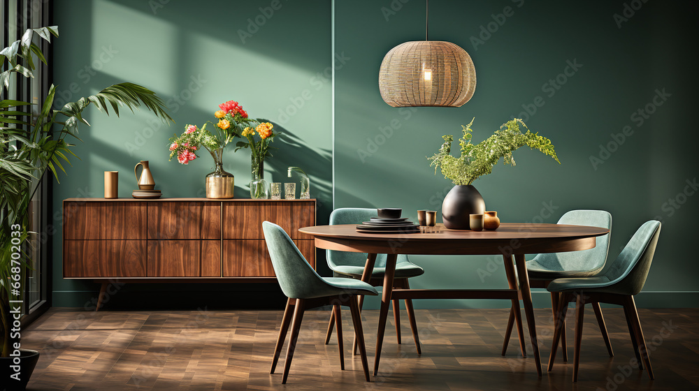 Obraz premium a modern styled apartment with a wall of windows and green walls
