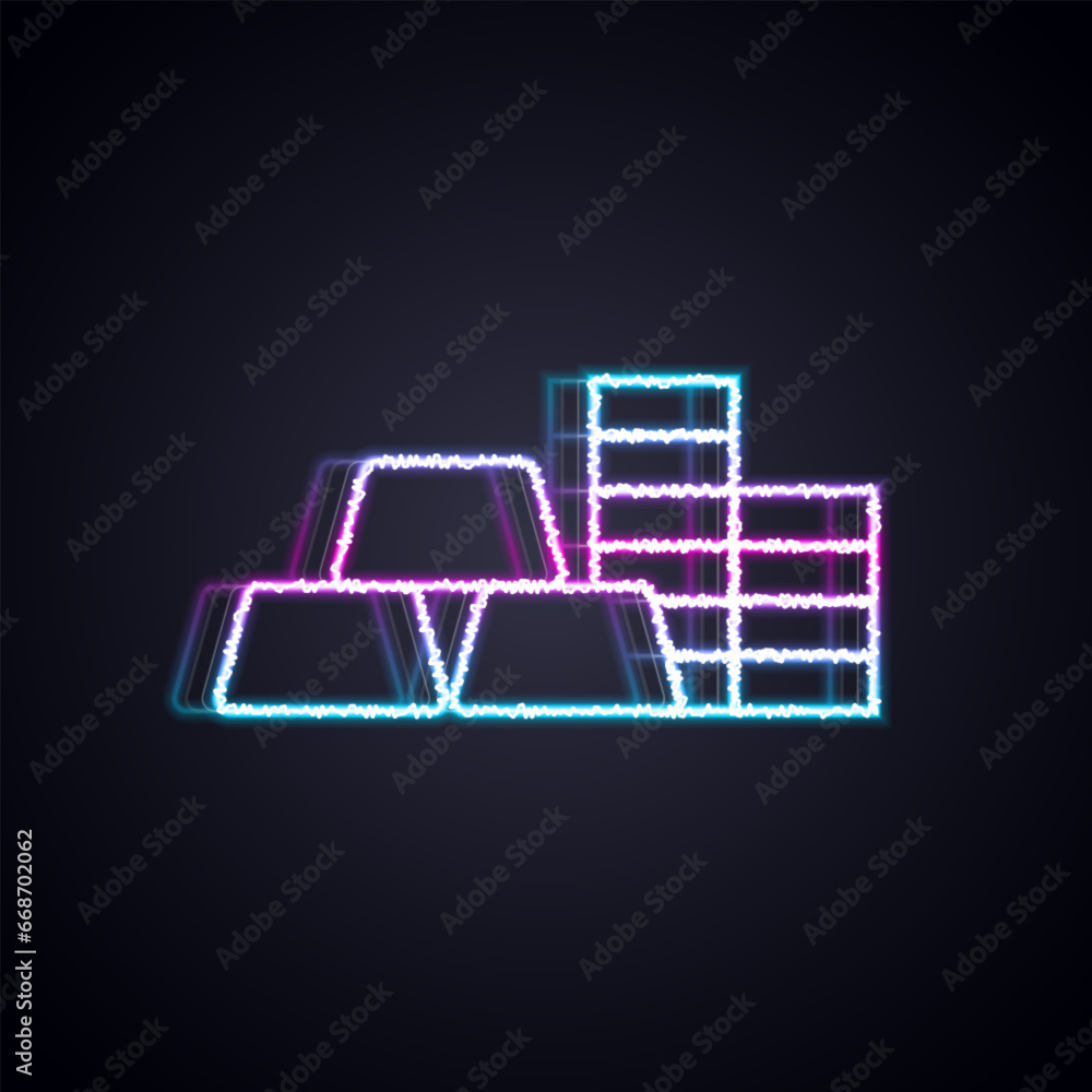 Glowing neon line Gold coin with gold bars icon isolated on black background. Banking currency sign. Cash symbol. Vector Glowing neon line Gold coin with gold bars icon isolated on black background. Banking currency sign. Cash symbol. Vector