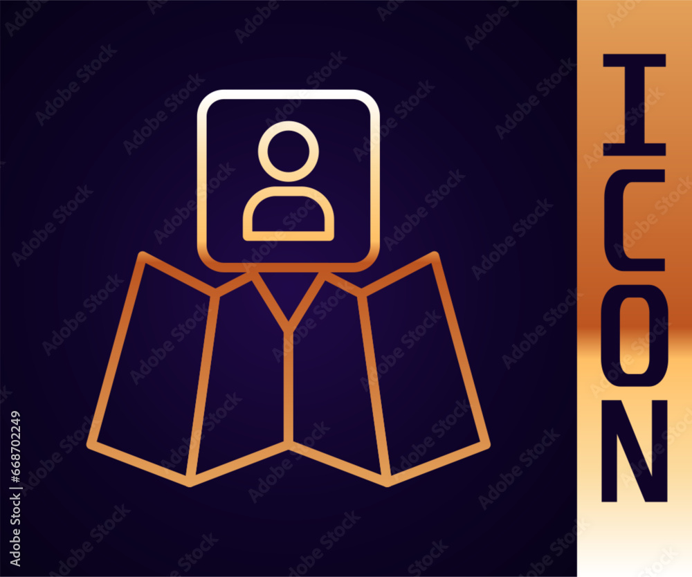 Gold line Folded map with location marker icon isolated on black background. Vector Gold line Folded map with location marker icon isolated on black background. Vector
