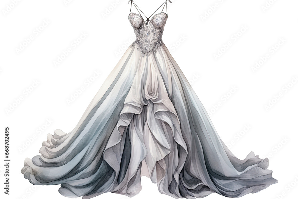 Watercolor of costume Evening dress isolated on transparent background, Dressing for event or party celebration, beautiful and luxury garment concept. Watercolor of costume Evening dress isolated on transparent background, Dressing for event or party celebration, beautiful and luxury garment concept.