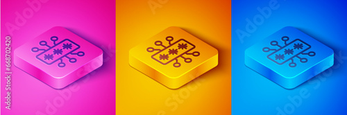 Isometric line Cyber security icon isolated on pink and orange, blue background. Closed padlock on digital circuit board. Safety concept. Digital data protection. Square button. Vector