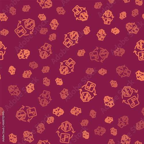 Brown line NFT Digital crypto art icon isolated seamless pattern on red background. Non fungible token. Vector