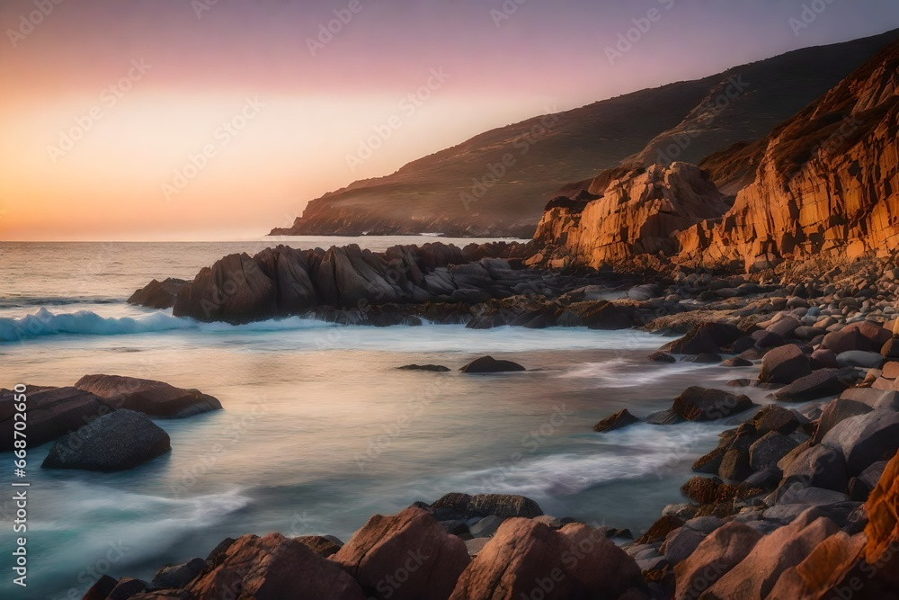 A serene coastal cove, with calm waves lapping at the rocky shore and a pastel-colored sunset in the background.