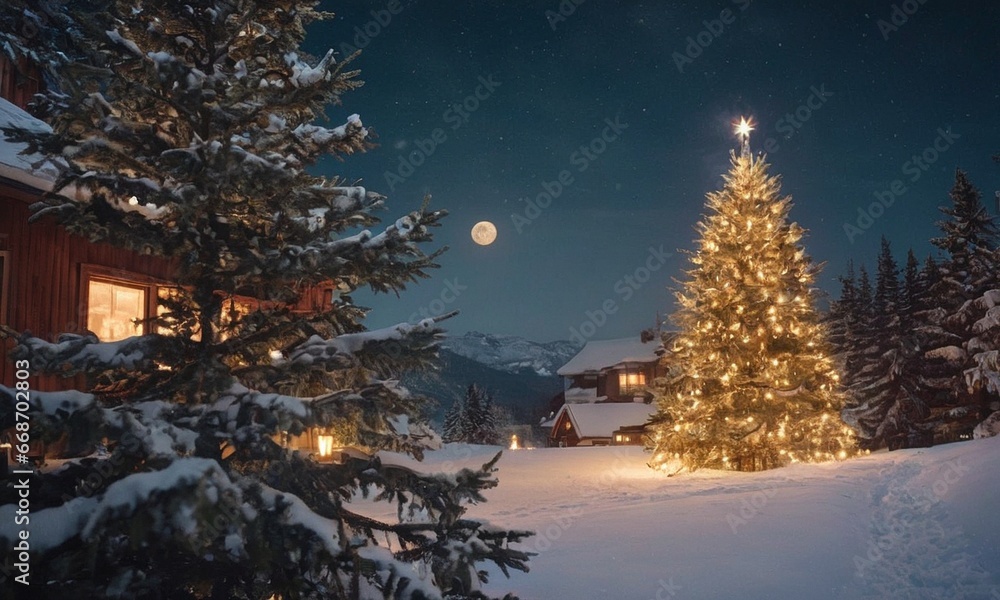 Naklejka premium A cozy winter landscape with bright houses in the snow. Glowing Christmas tree and fireworks