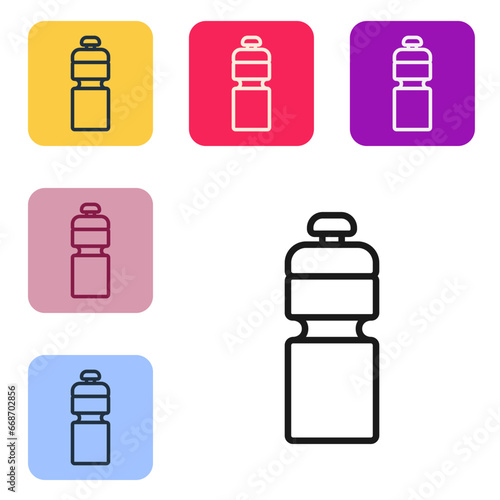 Black line Fitness shaker icon isolated on white background. Sports shaker bottle with lid for water and protein cocktails. Set icons in color square buttons. Vector