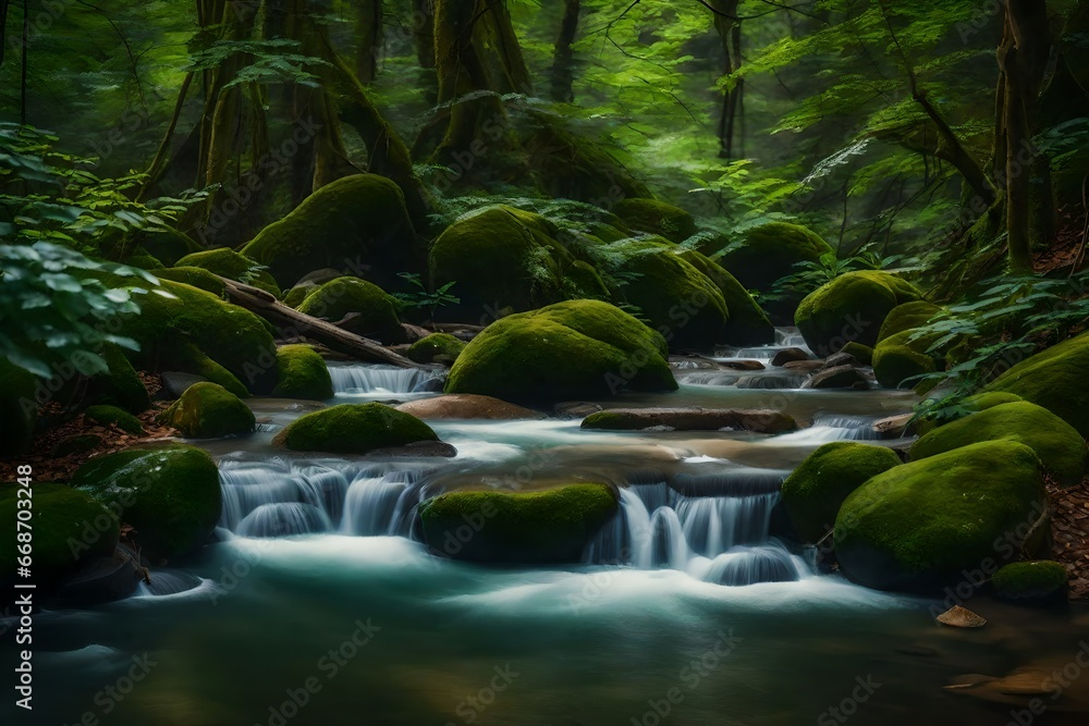 A babbling brook winding its way through a densely wooded area, with the soft sound of flowing water and reflections of overhanging branches A babbling brook winding its way through a densely wooded area, with the soft sound of flowing water and reflections of overhanging branches