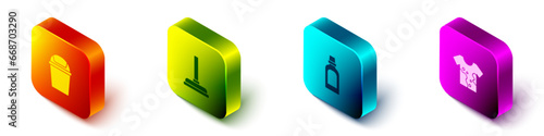 Set Isometric Trash can, Rubber plunger, Bottle for cleaning agent and Dirty t-shirt icon. Vector