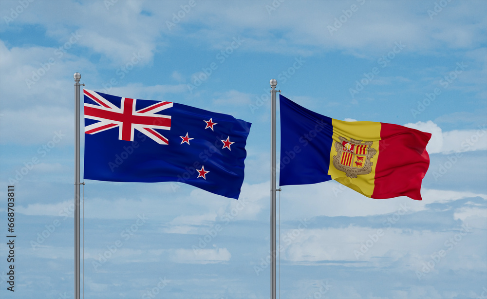 New Zealand and Andorra national flags, country relationship concept New Zealand and Andorra national flags, country relationship concept