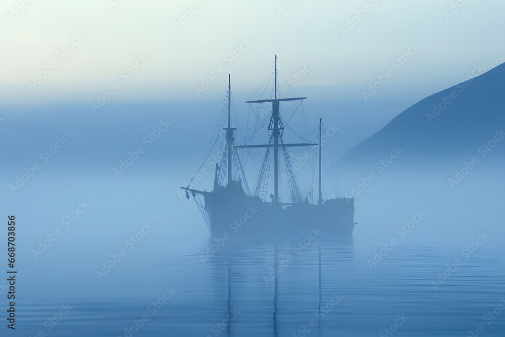 spectral ghost ship at foggy morning or evening. Neural network generated image. Not based on any actual person or scene. spectral ghost ship at foggy morning or evening. Neural network generated image. Not based on any actual person or scene.