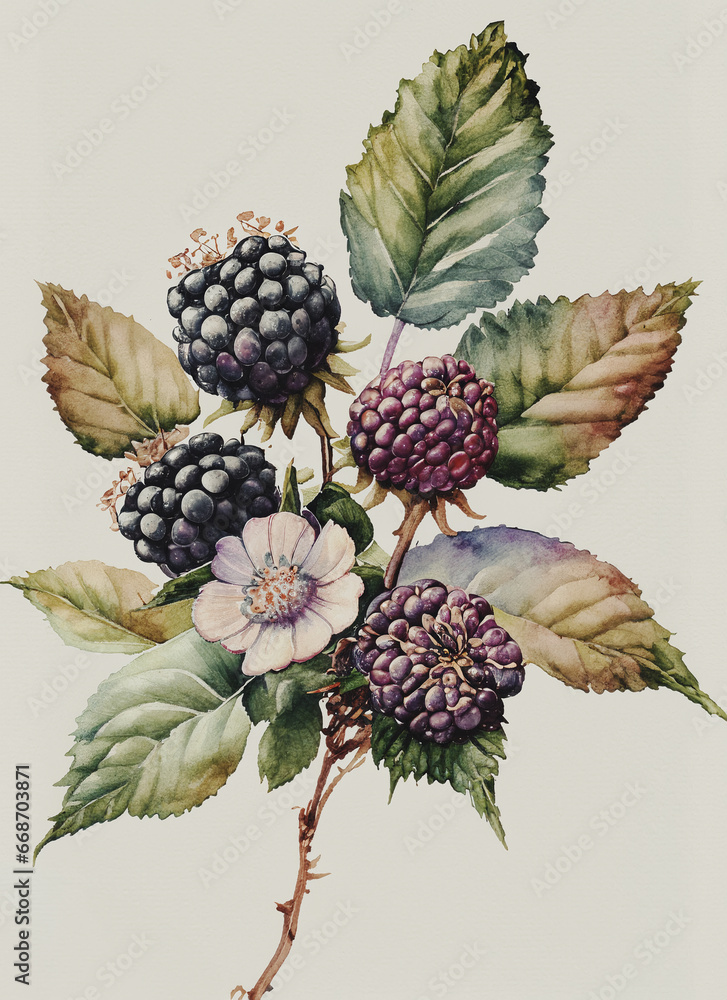 illustrazione in stile tavola botanica di rametto di pianta di more con foglie, frutti maturi e fiori, colori ad acqua su carta illustrazione in stile tavola botanica di rametto di pianta di more con foglie, frutti maturi e fiori, colori ad acqua su carta