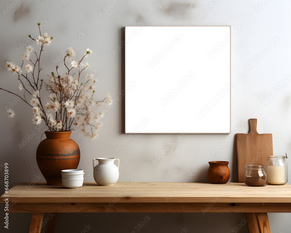 Blank square decorative art transparent frame mock-up in kitchen interior with kitchen utensils and flowers Blank square decorative art transparent frame mock-up in kitchen interior with kitchen utensils and flowers