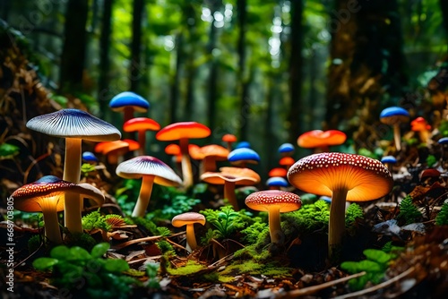 A close-up of vibrant, colorful mushrooms growing on the forest floor, highlighting the intricate details of nature's design