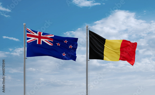 Belgium and New Zealand flags, country relationship concept