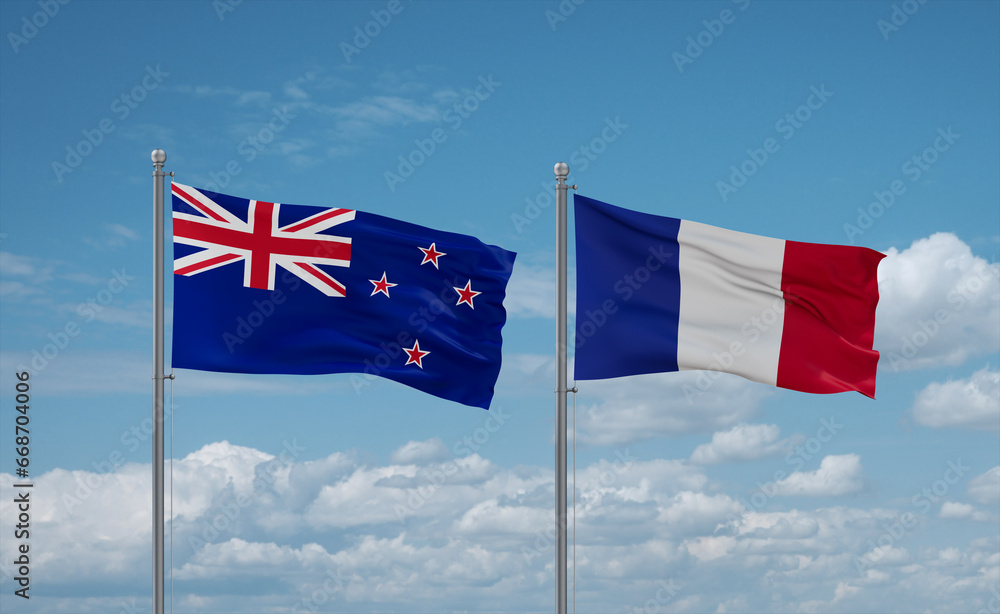 New Zealand and France flags, country relationship concept