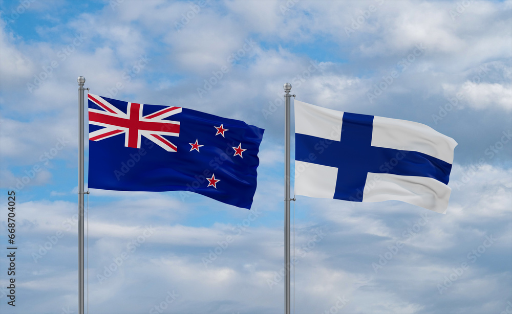 Finland and New Zealand flags, country relationship concept