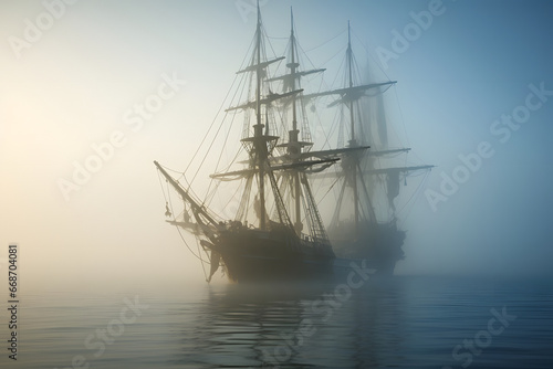 spectral ghost ship at foggy morning or evening. Neural network generated image. Not based on any actual person or scene.
