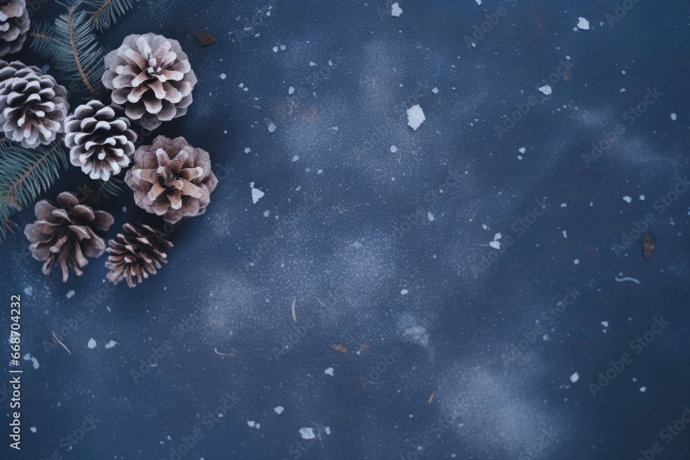 Christmas tree branches and cones on a dark background. christmas and new year background. top view with copy space. Christmas tree branches and cones on a dark background. christmas and new year background. top view with copy space.