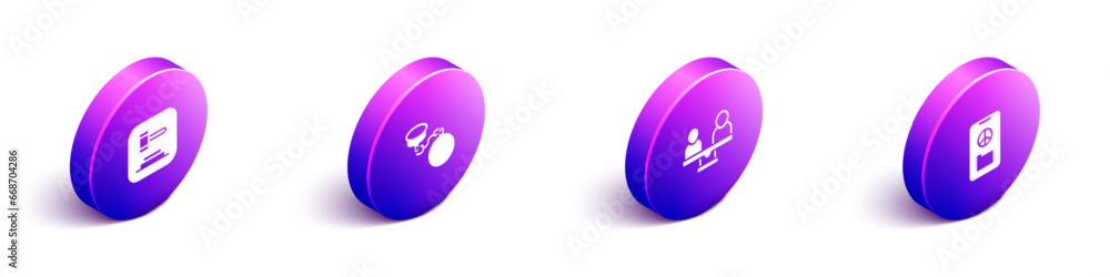 Set Isometric Judge gavel, Ball on chain, Gender equality and Peace icon. Vector Set Isometric Judge gavel, Ball on chain, Gender equality and Peace icon. Vector