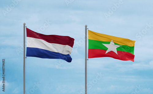Myanmar and Netherlands flags, country relationship concept