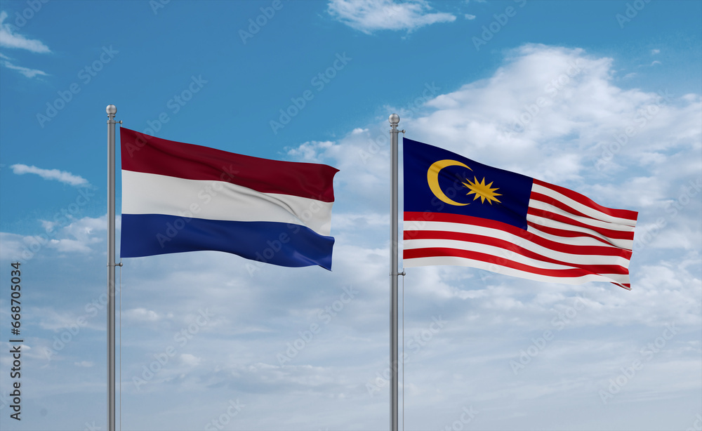 Malaysia and Netherlands flags, country relationship concept