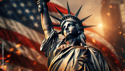 USA Independence Day Concept. Statue of Liberty in front of American Flag extreme closeup.