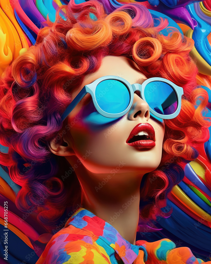 Woman with Colorful Paint in Her Hair and Modern Sunglasses extreme closeup. Generative AI Woman with Colorful Paint in Her Hair and Modern Sunglasses extreme closeup. Generative AI