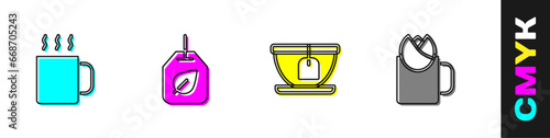 Set Cup of tea, Tea bag with leaf, and rose icon. Vector