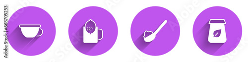 Set Cup of tea, with lemon, Spoon sugar and Tea packaging icon with long shadow. Vector