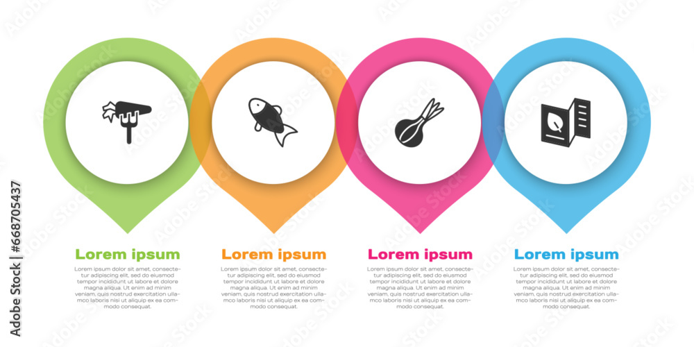 Set Carrot, Fish, Onion and Vegetarian food menu. Business infographic template. Vector Set Carrot, Fish, Onion and Vegetarian food menu. Business infographic template. Vector