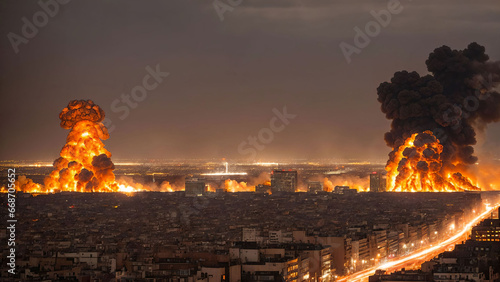 Big explosion in the city. Big fire on the background of the city. War.