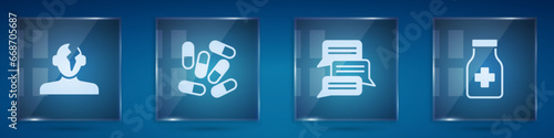 Set Solution problem in psychology, Medicine pill or tablet, Online psychological counseling and Sedative pills. Square glass panels. Vector