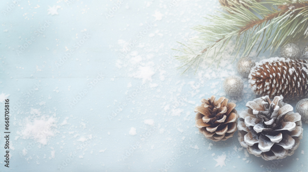 Obraz premium Christmas composition. fir branches and decorations on a light background. flat lay, top view, copy space. winter holidays background.