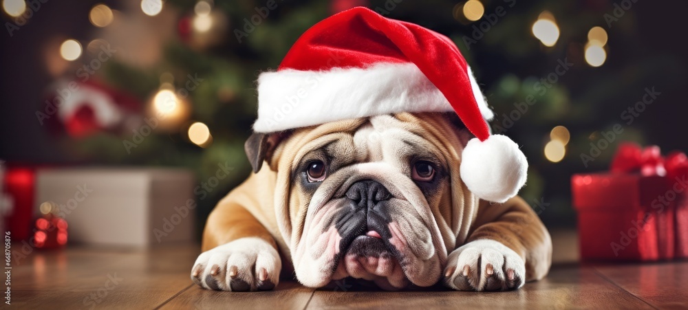 Merry Christmas xmas home animal pet holiday celebration - Funny bulldog dog with santa claus hat lying on the floor, gift boxes and christmas tree in the background Merry Christmas xmas home animal pet holiday celebration - Funny bulldog dog with santa claus hat lying on the floor, gift boxes and christmas tree in the background