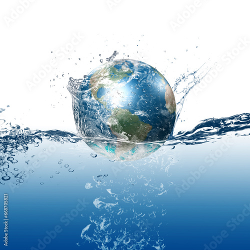 Globe of planet earth in a wave of water in the ocean. world water day  earth environment day   global warming concept of climate change isolated on white background.