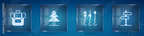 Set Hiking backpack, Tree, Grilled shish kebab on skewer and Road traffic sign. Square glass panels. Vector