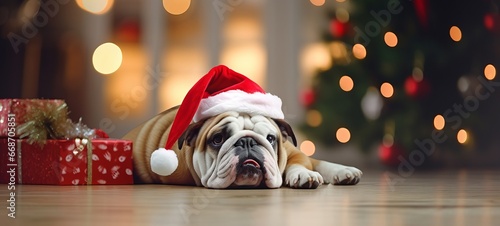 Merry Christmas xmas home animal pet holiday celebration - Funny bulldog dog with santa claus hat lying on the floor, gift boxes and christmas tree in the background photo