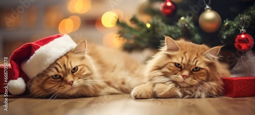 Merry Christmas xmas home animal pet holiday celebration - Funny two cats with santa claus hat lying on the floor, gift boxes and christmas tree in the background