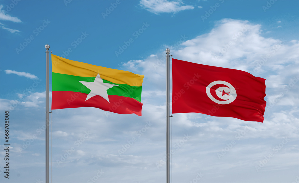 Tunisia and Myanmar flags, country relationship concept Tunisia and Myanmar flags, country relationship concept