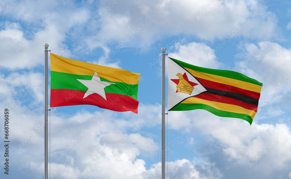 Zimbabwe and Myanmar flags, country relationship concept