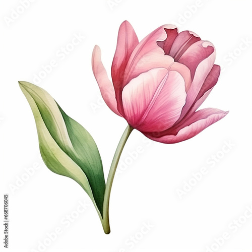 Beautiful color pink, yellow and purple tulip flower with leaves watercolor paint on white. Generated AI