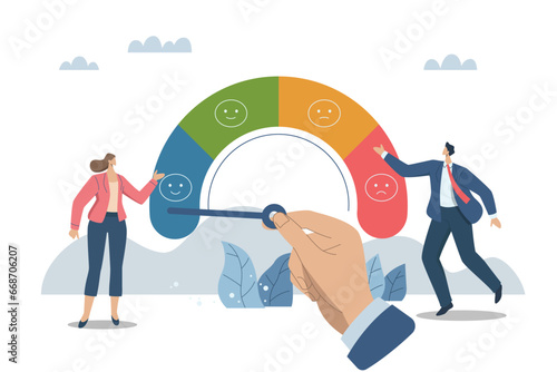 Problems with stress levels and work pressure, Tension management and emotional regulation, A big hand as leader or manager is adjusting the emotional level of employees. Vecter design illustration.