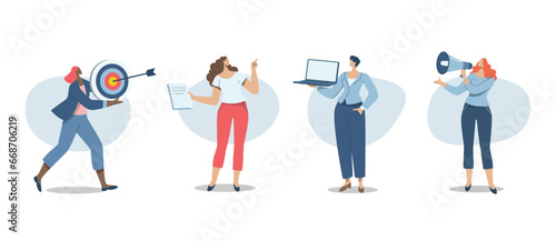 Set of business female in various activities, Vector illustration of cartoon women of different races. and different shapes in work clothes with hands that grab various things.