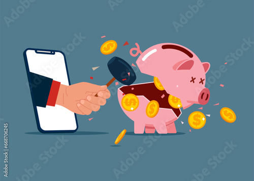 Hand with sledgehammer stepping out of the mobile phone screen holding and break pink piggy bank to find money. Crisis management. Vector illustration. 