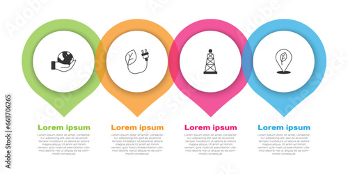 Set Hand holding Earth globe, Electric saving plug leaf, Oil rig and Location with. Business infographic template. Vector