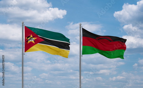 Malawi and Mozambique flags, country relationship concept