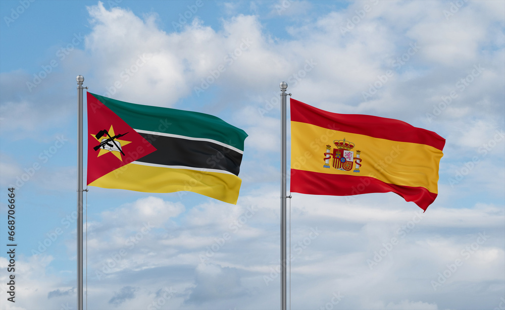 Spain and Mozambique flags, country relationship concept Spain and Mozambique flags, country relationship concept