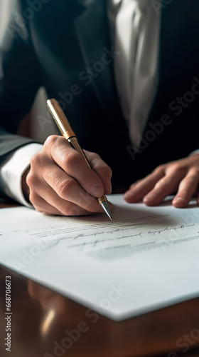 Close-up view on desk office, businessman signing a contract of investment or insurance, legal agreement on the table photo