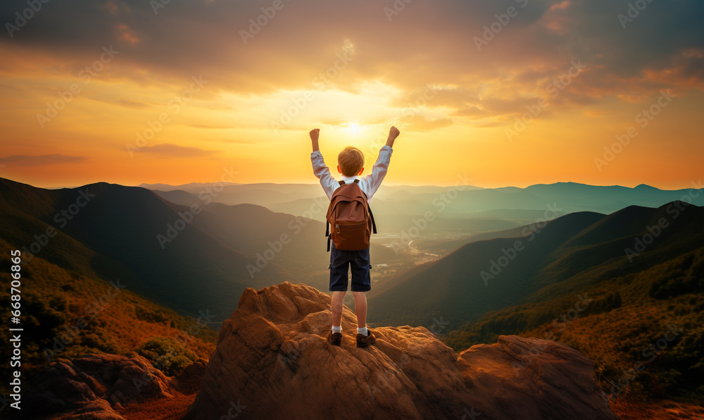 Small schoolboy with arms raised up celebrating success on mountain top