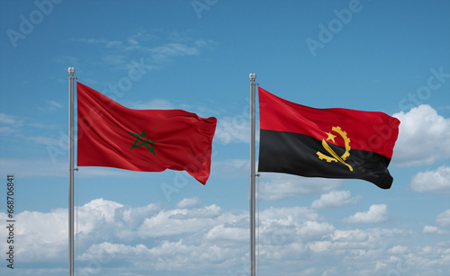 Morocco and Angola national flags, country relationship concept